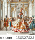 Rococo doll in elaborate dress observes a grand ball in a European palace 138327828