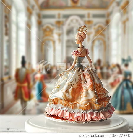 Rococo doll in elaborate dress observes a grand ball in a European palace Rococo doll in elaborate dress observes a grand ball in a European palace 138327828