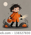 Smiling child explores Halloween night with glowing lantern and pumpkin bucket 138327830