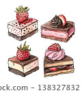 Sweet dessert slices featuring fresh strawberries and chocolate garnishes 138327832
