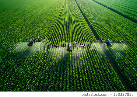 Three drones apply treatment to rows of green crops in a large farm field Three drones apply treatment to rows of green crops in a large farm field 138327833