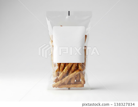 Transparent standup bag with blank square label holding salted pretzel snacks Transparent standup bag with blank square label holding salted pretzel snacks 138327834