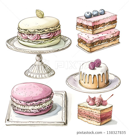 Variety of delicious French pastries and sweet treats on a white background 138327835