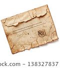 Vintage parchment envelope with tattered edges and faded postmark on white surface 138327837