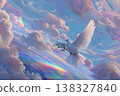 White dove flying peacefully in colorful sky with olive branch 138327840