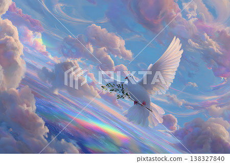 White dove flying peacefully in colorful sky with olive branch White dove flying peacefully in colorful sky with olive branch 138327840