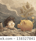 Young boy studies money plant growing from savings piggy bank 138327841