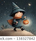 Young witch strolls through a dark night holding a glowing jack-o-lantern candy bucket 138327842