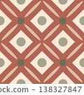 Seamless geometric pattern with earthy boho colors featuring retro terracotta tiles, sage green circles, and interlocking crosses. 138327847
