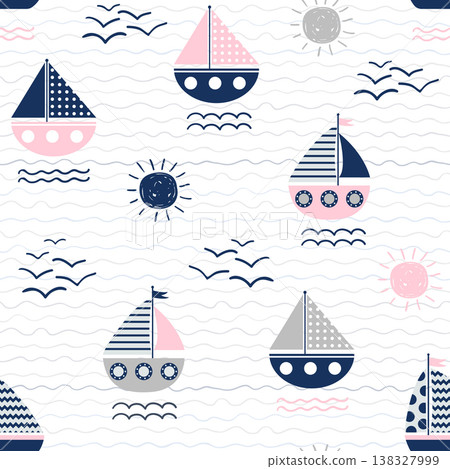 Nautical vector seamless pattern with boats, waves and suns in pink, blue and gray colors on wavy backgrounds for graphic design and summer clothes Nautical vector seamless pattern with boats, waves and suns in pink, blue and gray colors on wavy backgrounds for graphic design and summer clothes 138327999