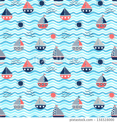 Nautical vector seamless pattern with red and blue boats, waves and suns on wavy backgrounds for summer graphic design 138328000