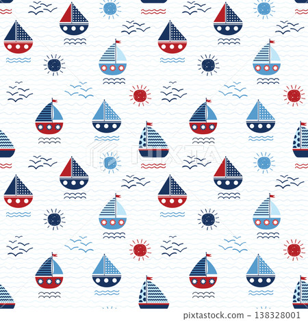 Seamless vector pattern with boats, waves and suns in blue and red colors on background with waves for nautical themed graphic design and summer clothes Seamless vector pattern with boats, waves and suns in blue and red colors on background with waves for nautical themed graphic design and summer clothes 138328001