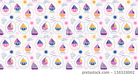Cute boats summer seamless vector pattern with wavy ocean stripes, sun and boat geometric shapes for kids and baby designs Cute boats summer seamless vector pattern with wavy ocean stripes, sun and boat geometric shapes for kids and baby designs 138328002