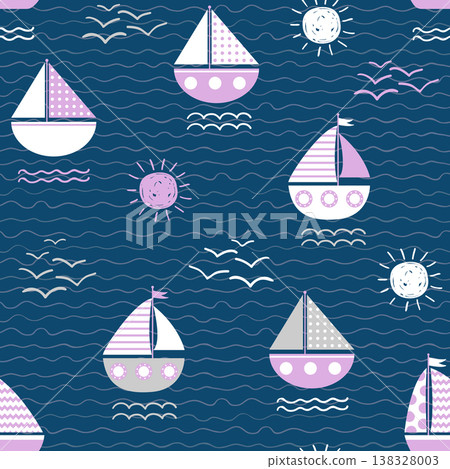 Seamless vector pattern with boats, waves and suns on dark blue background 138328003