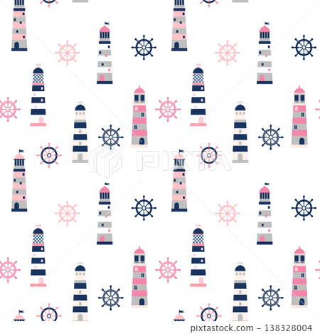 Simple minimal vector pattern with lighthouses and helm in blue, grey and pink colors for clothing, packaging and summer designs Simple minimal vector pattern with lighthouses and helm in blue, grey and pink colors for clothing, packaging and summer designs 138328004