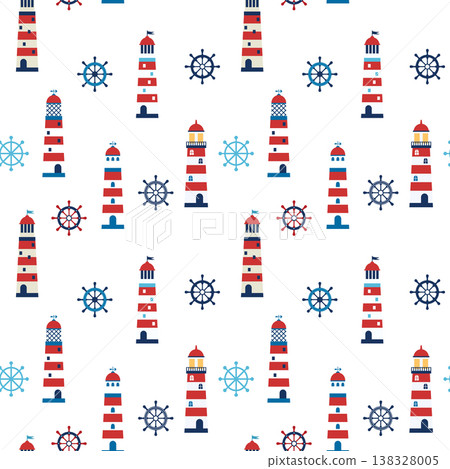 Cute lighthouses seamless pattern in blue and red colors for boys clothing and invitations and other children designs Cute lighthouses seamless pattern in blue and red colors for boys clothing and invitations and other children designs 138328005
