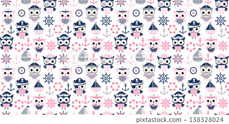 Cute girly seamless vector nautical pattern with sailor, pirate owls, boats in pink and blue for summer graphic designs for girls 138328024