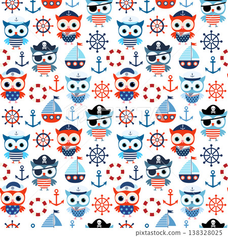 Seamless vector nautical pattern with cute sailor and pirate owls and boats in red and blue for summer backgrounds and clothing for kids 138328025