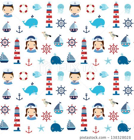 Cute nautical seamless pattern with boy, girl and marine elements for textile, paper and backgrounds 138328028