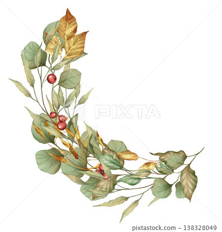 Elegant illustration of a curved laurel branch featuring green leaves, red berries and dry golden leaves. Hand drawn artwork. 138328049