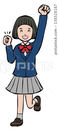 Girl, smiling, making a victory pose, wearing a school blazer. Girl, smiling, making a victory pose, wearing a school blazer. 138328187