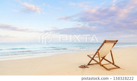 Empty wooden lounge chair and flip-flops on a peaceful tropical beach. Empty wooden lounge chair and flip-flops on a peaceful tropical beach. 138328222