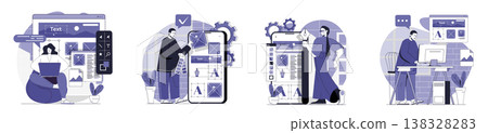 Web design concept set. Collection with people of building site layouts, filling with different content, creating graphic elements, engineering product interfaces at platform. Vector illustration. 138328283