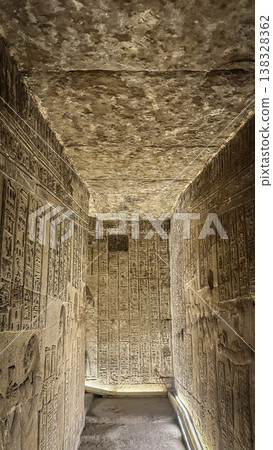 Beautiful wall paintings and bas-reliefs inside the ancient temple complex of Dendera, Qena, Egypt Beautiful wall paintings and bas-reliefs inside the ancient temple complex of Dendera, Qena, Egypt 138328362