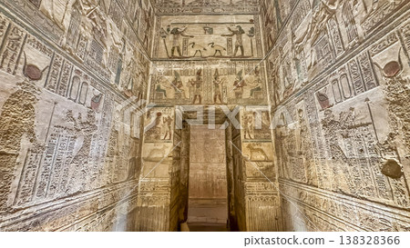 Beautiful wall paintings and bas-reliefs inside the ancient temple complex of Dendera, Qena, Egypt Beautiful wall paintings and bas-reliefs inside the ancient temple complex of Dendera, Qena, Egypt 138328366