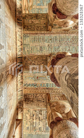 Beautiful vaults and bas-reliefs in the ancient temple complex of Dendera, Qena, Egypt Beautiful vaults and bas-reliefs in the ancient temple complex of Dendera, Qena, Egypt 138328367