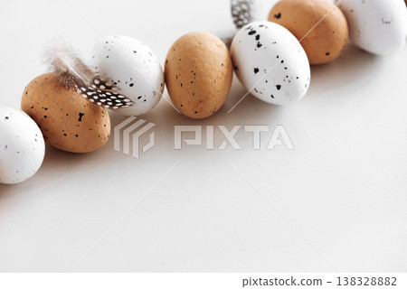 Speckled Eggs with Feathers on White Background 138328882