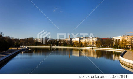 Panoramic view of the Svisloch River in the center of Minsk, Belarus 138328911