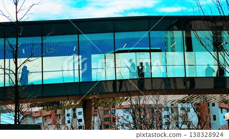 Unrecognizable Shoppers Silhouettes In Glass Mall Corridor With Residential Buildings In Grenoble Unrecognizable Shoppers Silhouettes In Glass Mall Corridor With Residential Buildings In Grenoble 138328924