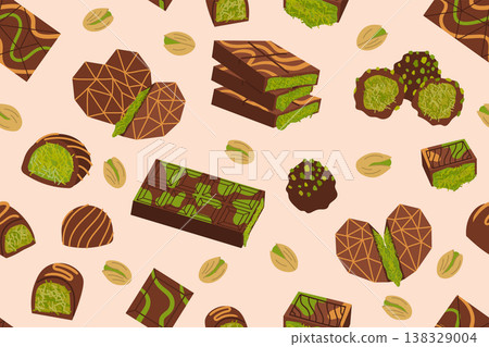 Seamless pattern of Dubai chocolate bars and truffles with green pistachio and knafeh filling. 138329004
