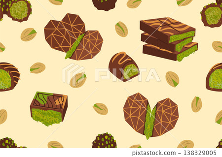 Seamless vector pattern of Dubai chocolate bars and truffles with green pistachio knafeh filling. 138329005