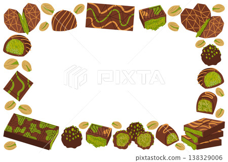 Dubai chocolate vector frame of bars and truffles with green pistachio knafeh filling. Flat illustration of sweets and nuts. Dubai chocolate vector frame of bars and truffles with green pistachio knafeh filling. Flat illustration of sweets and nuts. 138329006