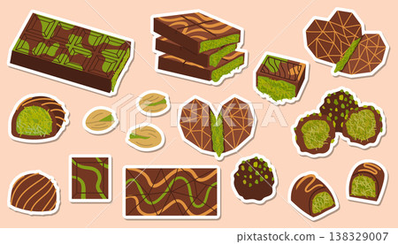 Dubai chocolate vector sticker set of bars and truffles with green pistachio knafeh filling. Flat cartoon icons of sweets and nuts. 138329007