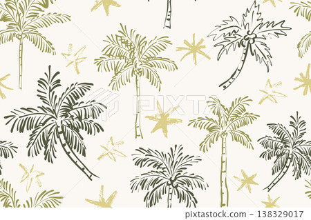 Seamless vector pattern of hand-drawn olive green and sage palm trees on a cream background. Tropical sketch design. Seamless vector pattern of hand-drawn olive green and sage palm trees on a cream background. Tropical sketch design. 138329017