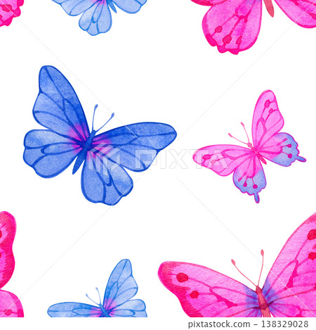 Watercolor seamless pattern with vibrant pink and blue butterflies. The hand-drawn illustration features fluttering insects in different sizes, creating a bright and airy textile design. Perfect for 138329028