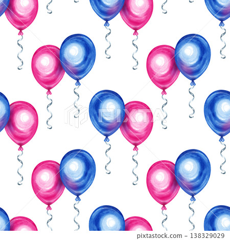 Watercolor seamless pattern of pink and blue party balloons. Hand-drawn illustration featuring single balloons and tied pairs with curly silver ribbons, creating a playful and festive repeat design on 138329029
