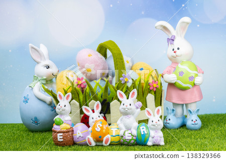 beautiful Easter decoration with bunnies and eggs beautiful Easter decoration with bunnies and eggs 138329366
