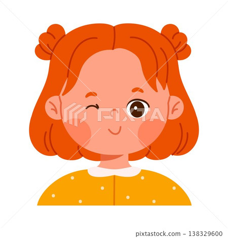 Little redhead girl winking. Facial expression concept. Friendly child avatar with positive emotion. Kid apps and emotion education concept. Isolated vector illustration in cartoon style 138329600