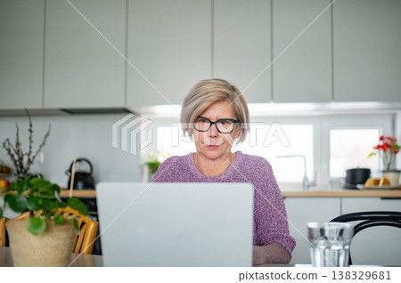 Senior woman working on laptop at home office during retirement. 138329681