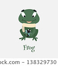 Cheerful cartoon illustration of a green frog sitting and smiling and holding a fly in her hands 138329730