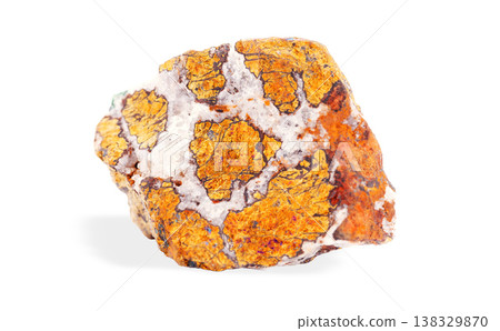 Rare chalcopyrite rock fragment displaying iridescent peacock colors, iron-copper mineral 138329870