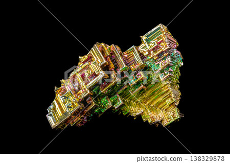 Iridescent Bismuth Crystal Specimen Isolated on Black Background Iridescent Bismuth Crystal Specimen Isolated on Black Background 138329878
