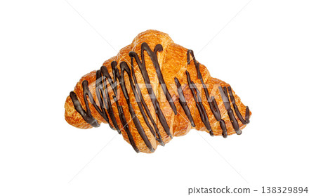Symmetrical croissant with chocolate lines isolated on white. Professional studio shot of pastry. 138329894