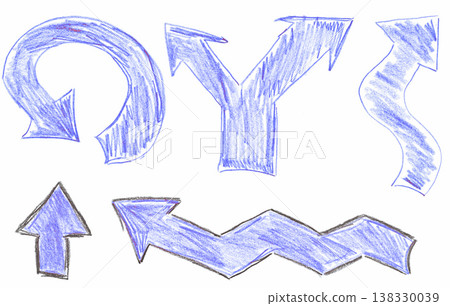 A set of assorted hand-drawn arrows in blue pencil, including curved, forked, and zig-zag arrows 138330039