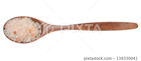 Pink Himalayan salt crystals in a wooden spoon on an isolated background. Pink Himalayan salt crystals in a wooden spoon on an isolated background. 138330041