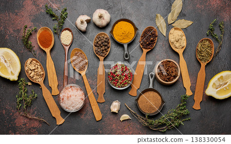 Spices in spoons and bowls on a dark background: turmeric, paprika, anise, cloves, pepper, salt, flax, ginger, cumin. Spices in spoons and bowls on a dark background: turmeric, paprika, anise, cloves, pepper, salt, flax, ginger, cumin. 138330054